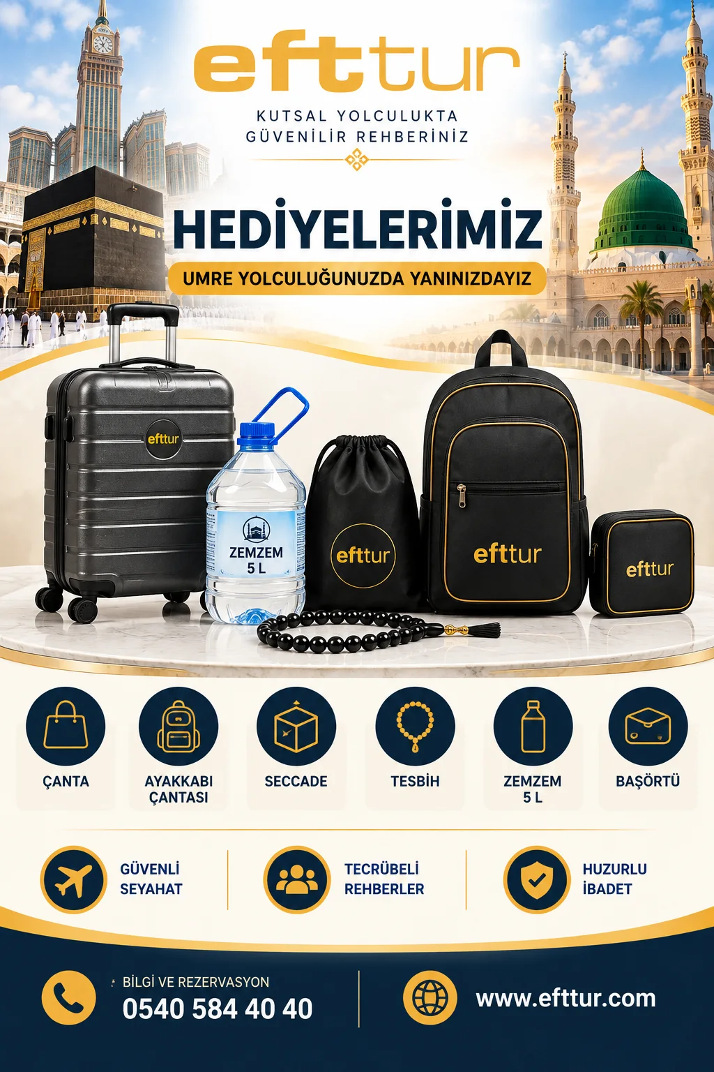 EFT Turizm umre hediye seti: valiz, sırt çantası, ayakkabı çantası, seccade, tesbih, 5 litre zemzem, başörtü