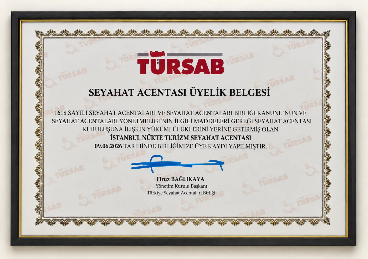 EFT Turizm (İstanbul Nükte Turizm Seyahat Acentası) TÜRSAB seyahat acentası üyelik belgesi