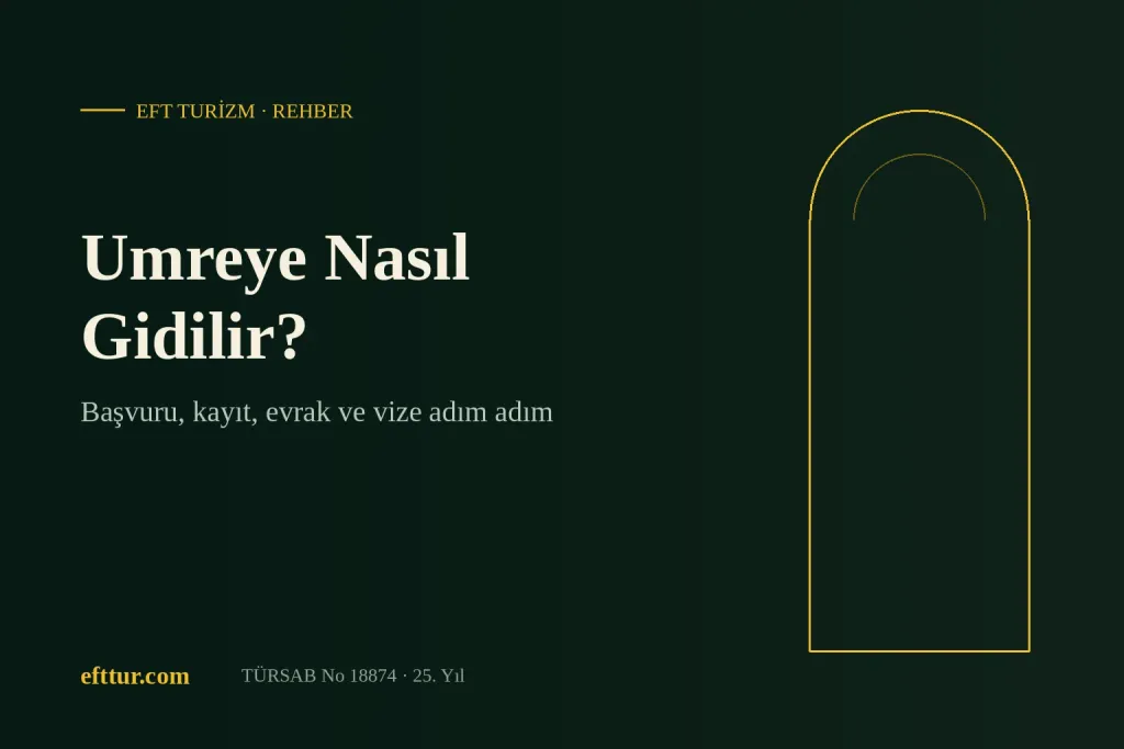 Umreye nasıl gidilir rehberi kapak görseli: EFT Turizm yazısı ve kemer çizimi