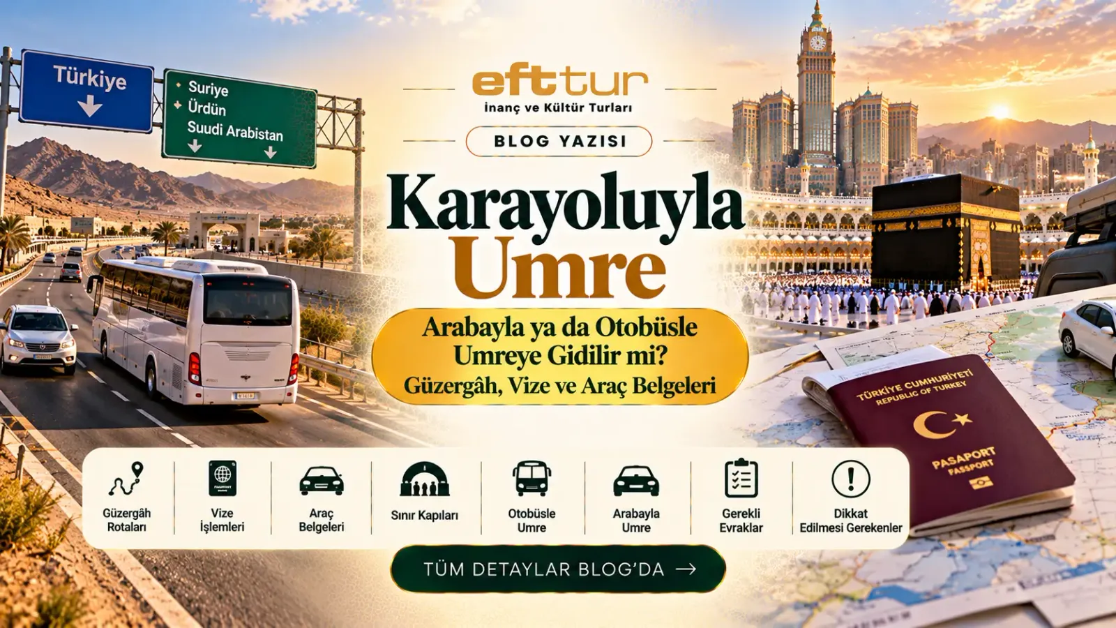 Karayoluyla Umre yazısının kapak görseli: koyu yeşil zemin üzerinde altın kemer ve başlık