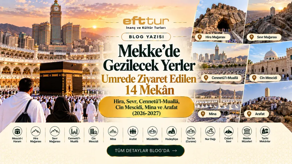 Mekke'de gezilecek yerler rehberi kapak görseli: EFT Turizm yazısı ve altın kemer çizimi