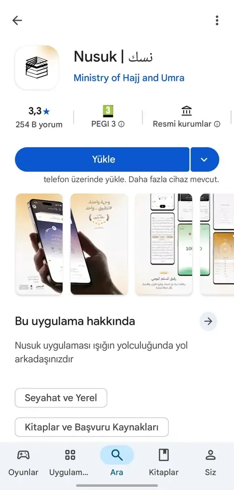 Google Play’de Nusuk uygulaması sayfası: geliştirici Ministry of Hajj and Umra, Yükle düğmesi
