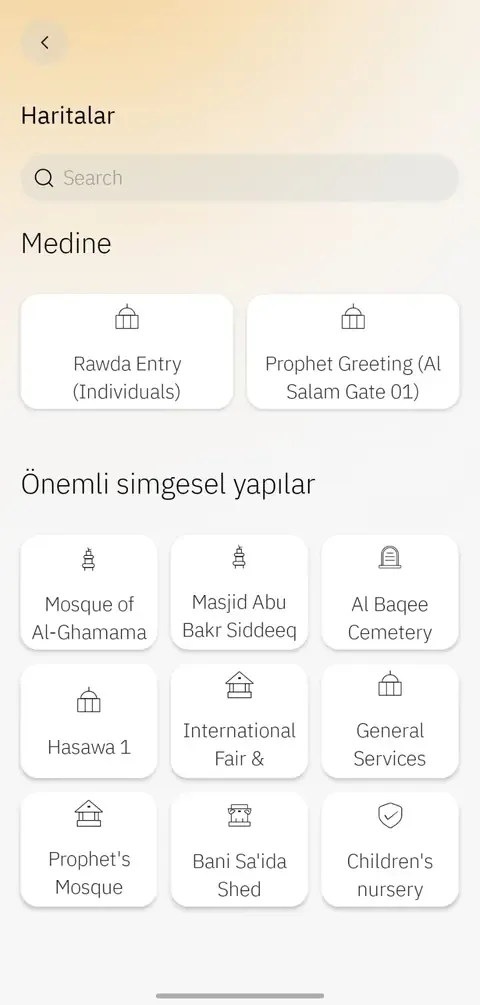 Nusuk uygulamasında Haritalar bölümü: Medine için Rawda Entry ve Prophet Greeting (Al Salam Gate 01) noktaları