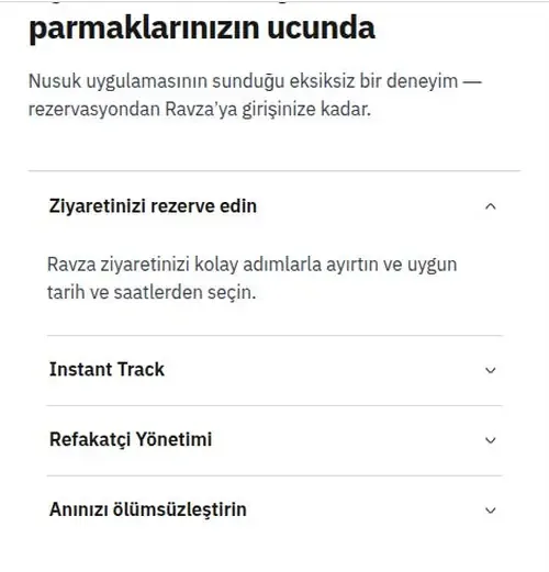 Nusuk resmî sitesinin Ravza sayfasında rezervasyon, Instant Track ve refakatçi yönetimi bölümü