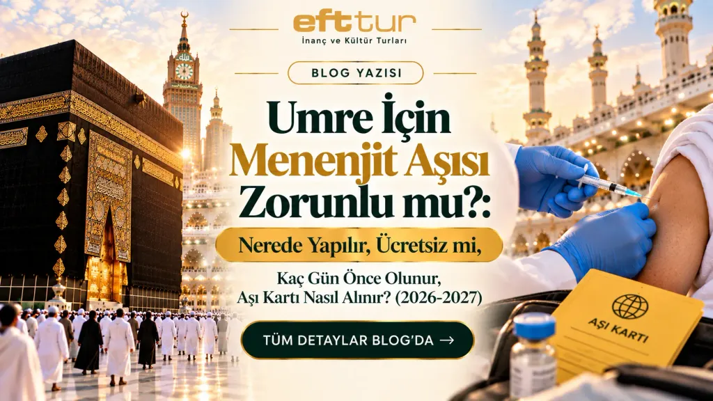 Umre için menenjit aşısı rehberi kapak görseli: koyu yeşil zemin üzerinde altın kemer ve yazı başlığı