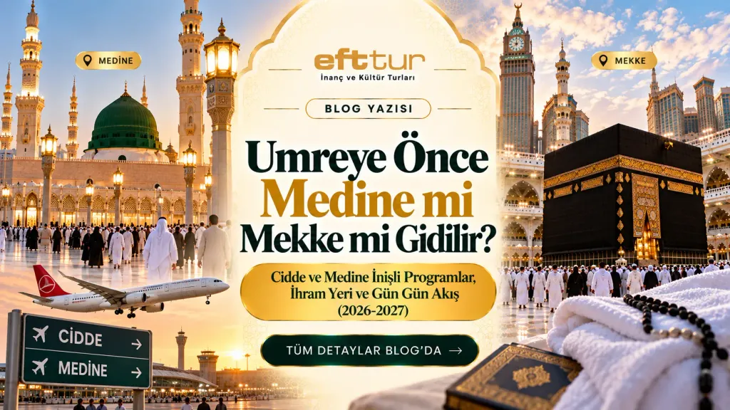 Umreye önce Medine mi Mekke mi? yazısının kapak görseli: koyu yeşil zemin üzerinde altın kemer ve başlık