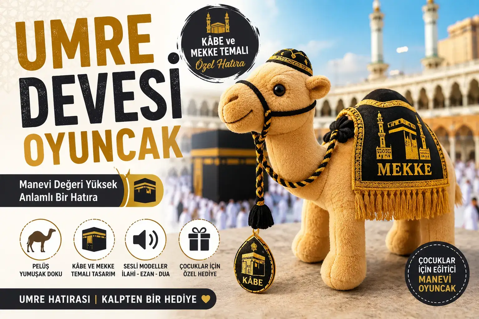 Kâbe ve Mekke temalı umre devesi oyuncak peluş hacı devesi modeli