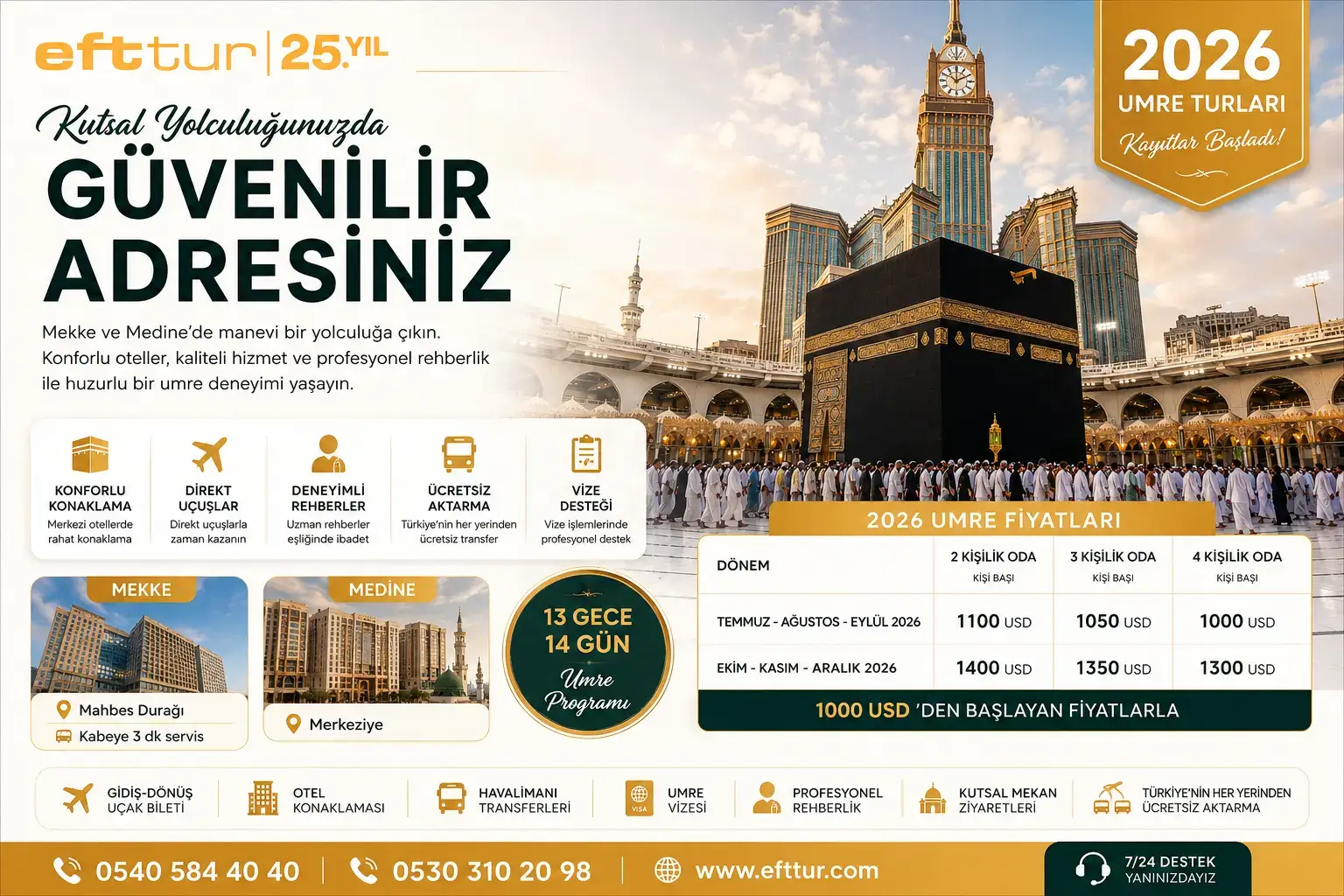 2026 Umre Turları fiyatları, Mekke ve Medine konaklamalı 13 gece 14 gün EFT Tur umre programı
