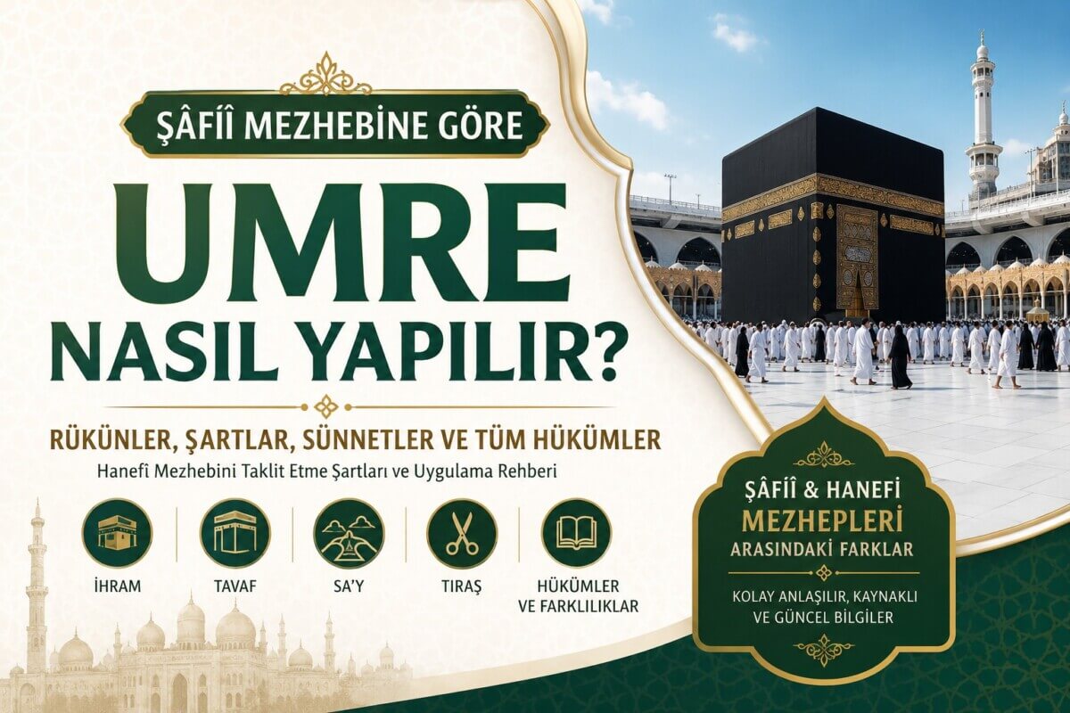 Şâfiî mezhebine göre umre nasıl yapılır? İhram, tavaf, sa’y, tıraş ve Hanefî mezhebini taklit etme şartlarını anlatan blog kapak görseli.